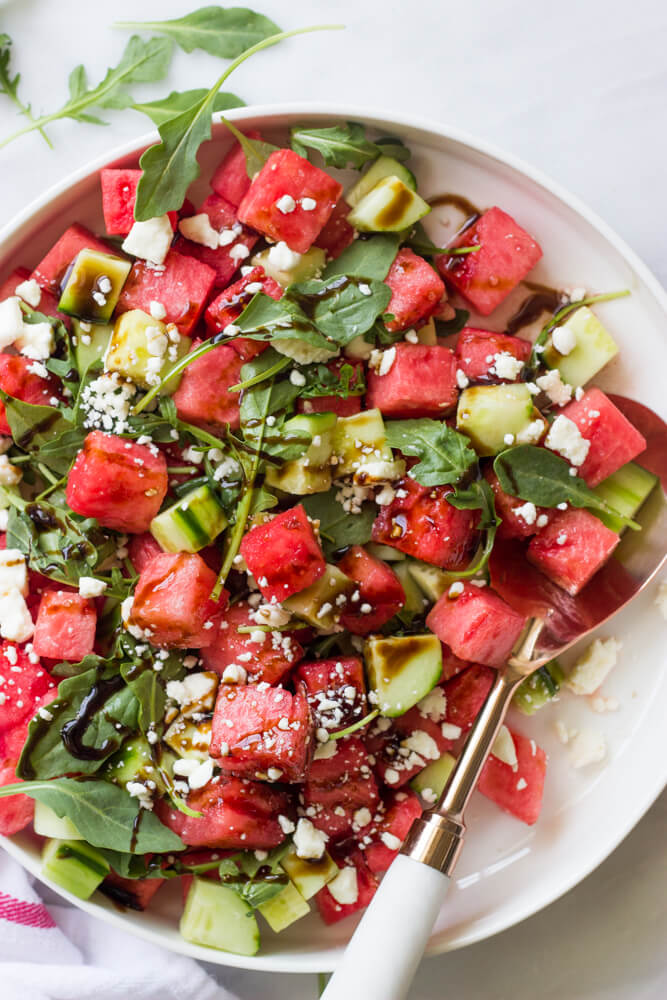 close up of watermelon and cucumber salad