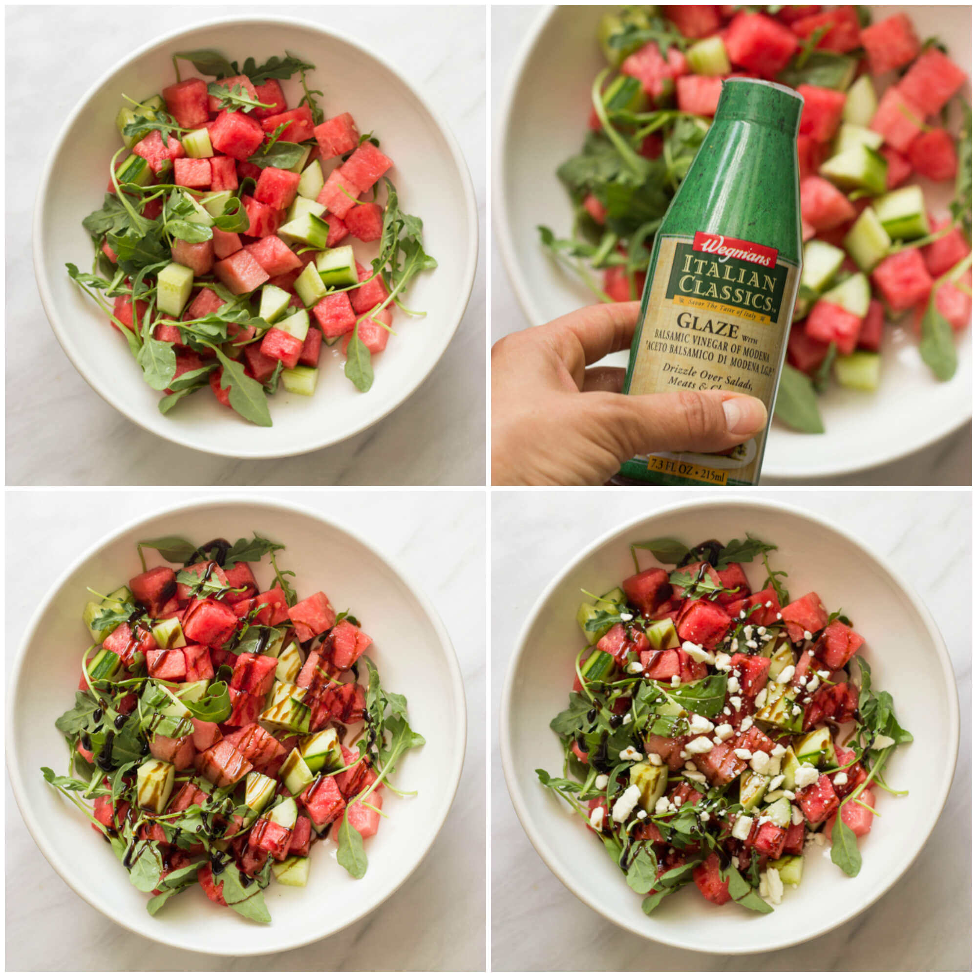 step by step on how to make watermelon cucumber feta salad