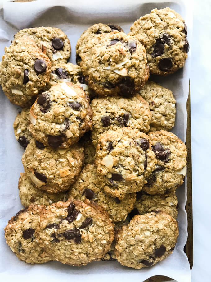 Close up of lactation cookies recipe in parchment lined tray