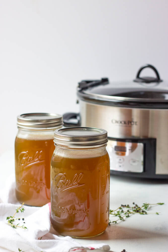 Slow Cooker Chicken Stock from Rotisserie Chicken Little Broken
