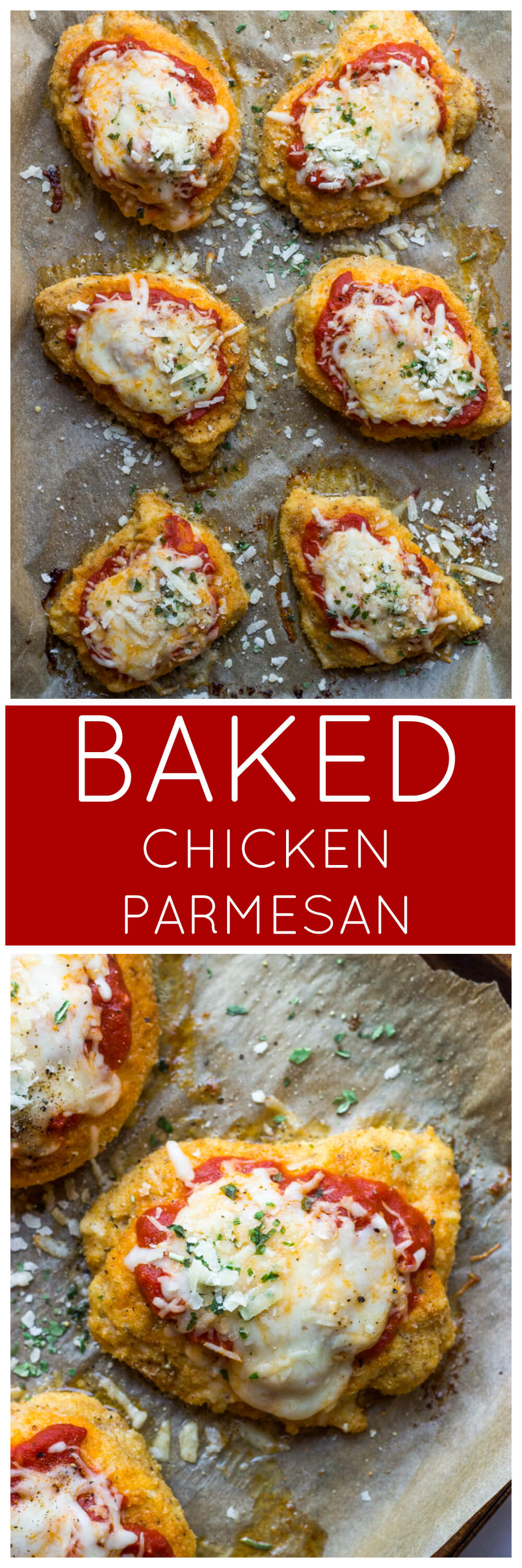 Baked Chicken Parmesan - lightly breaded chicken breast topped with marinara sauce and cheese, then baked until tender crisp. It's healthy and quick to make! | littlebroken.com @littlebroken