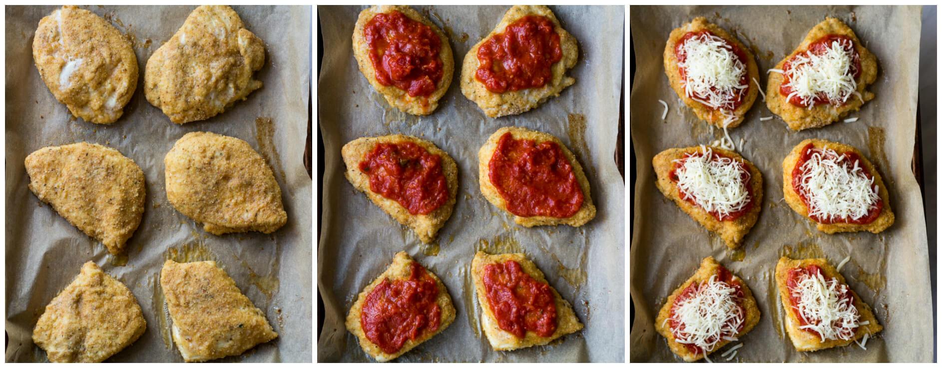 Baked Chicken Parmesan - lightly breaded chicken breast topped with marinara sauce and cheese, then baked until tender crisp. It's healthy and quick to make! | littlebroken.com @littlebroken