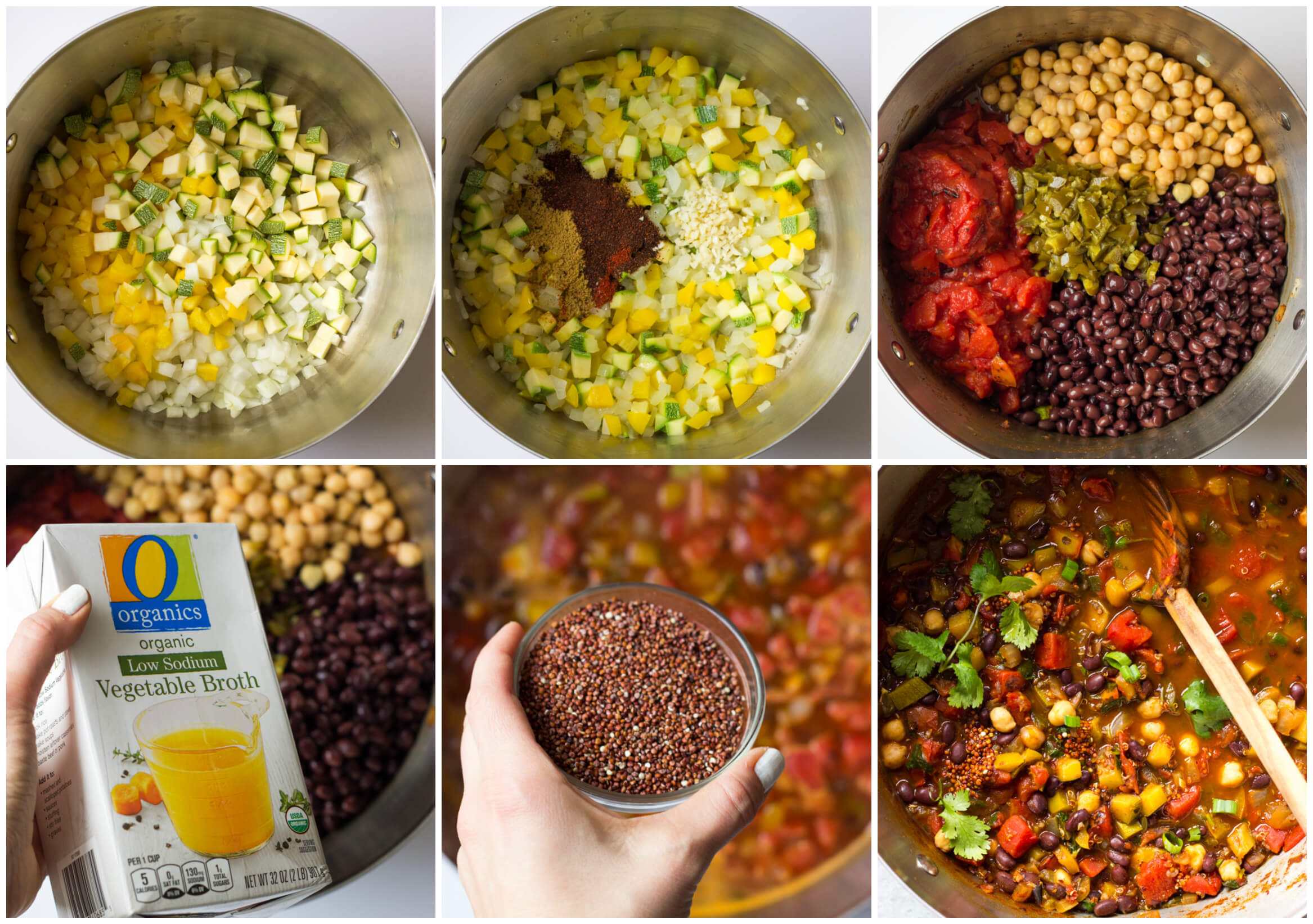 step by step on how to make vegetable chili with quinoa