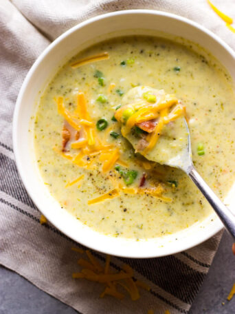 Easy Broccoli Potato Soup - creamy, thick, and belly warming good. This broccoli potato soup is made with fraction of the cheese and cream | littlebroken.com