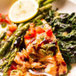 Baked Balsamic Salmon with Asparagus - perfect for date night in or company. This salmon dinner comes together in about 30 minutes | littlebroken.com @littlebroken