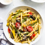 Pasta Primavera with Roasted Vegetables - roasted vegetables tossed with hot pasta and tomato herb sauce for an easy weeknight meatless meal | littlebroken.com @littlebroken