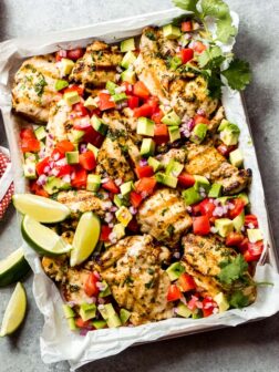 Overhead cilantro lime chicken with avocado salsa