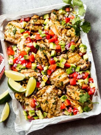 Overhead cilantro lime chicken with avocado salsa