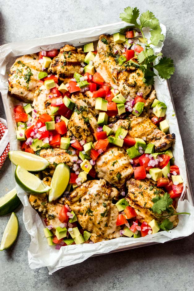 Overhead cilantro lime chicken with avocado salsa