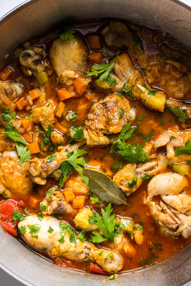 easy chicken cacciatore recipe in a dutch oven.