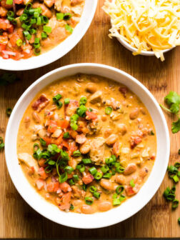 Overheat view of chicken chili in a white bowl