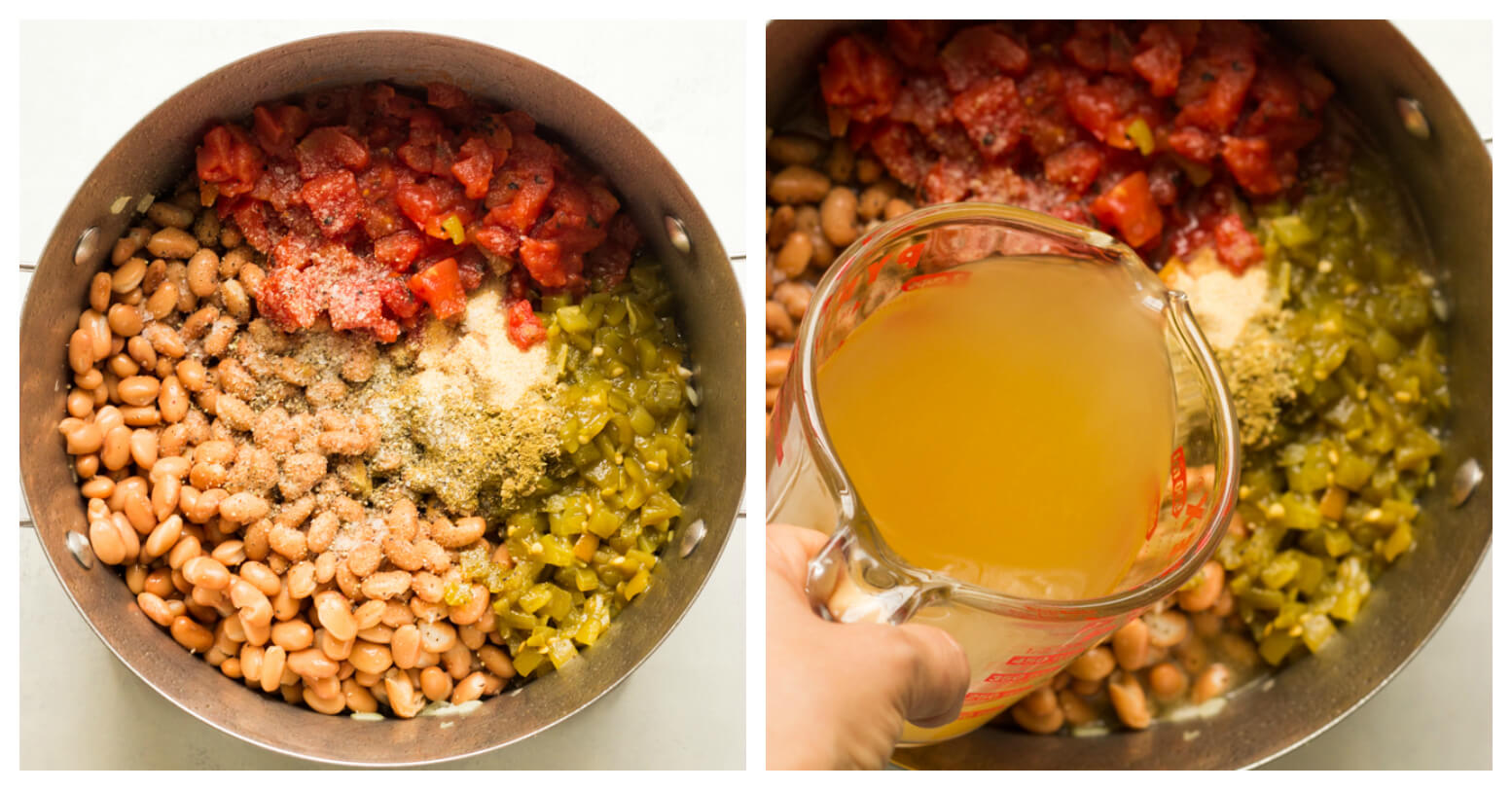 Dutch oven with beans, tomatoes, spices, green chilies, and chicken stock