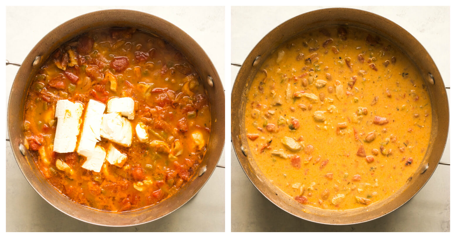 Dutch oven with chili and cubes of cream cheese