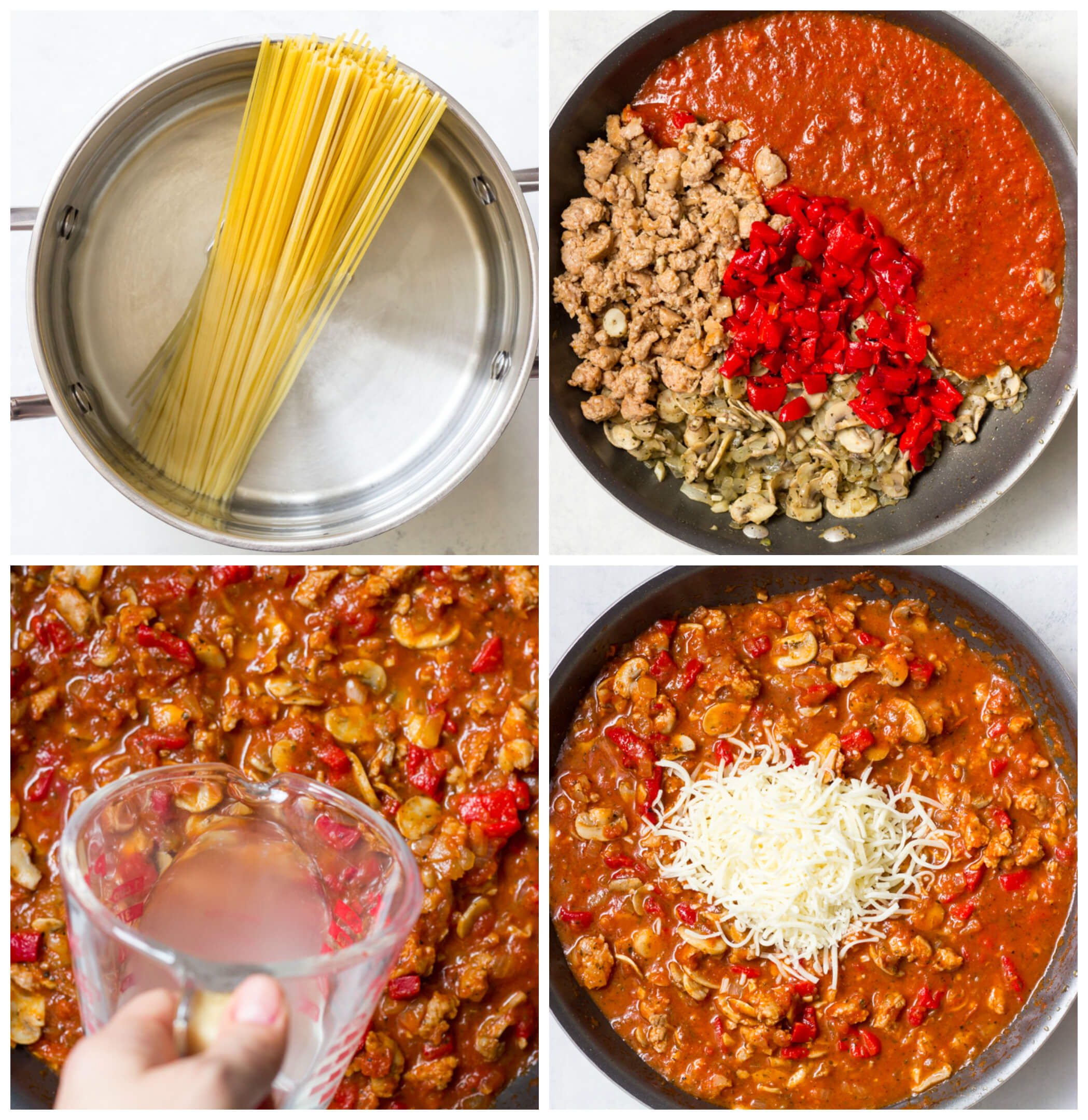 Overheat view of four images showing how to make spaghetti sauce