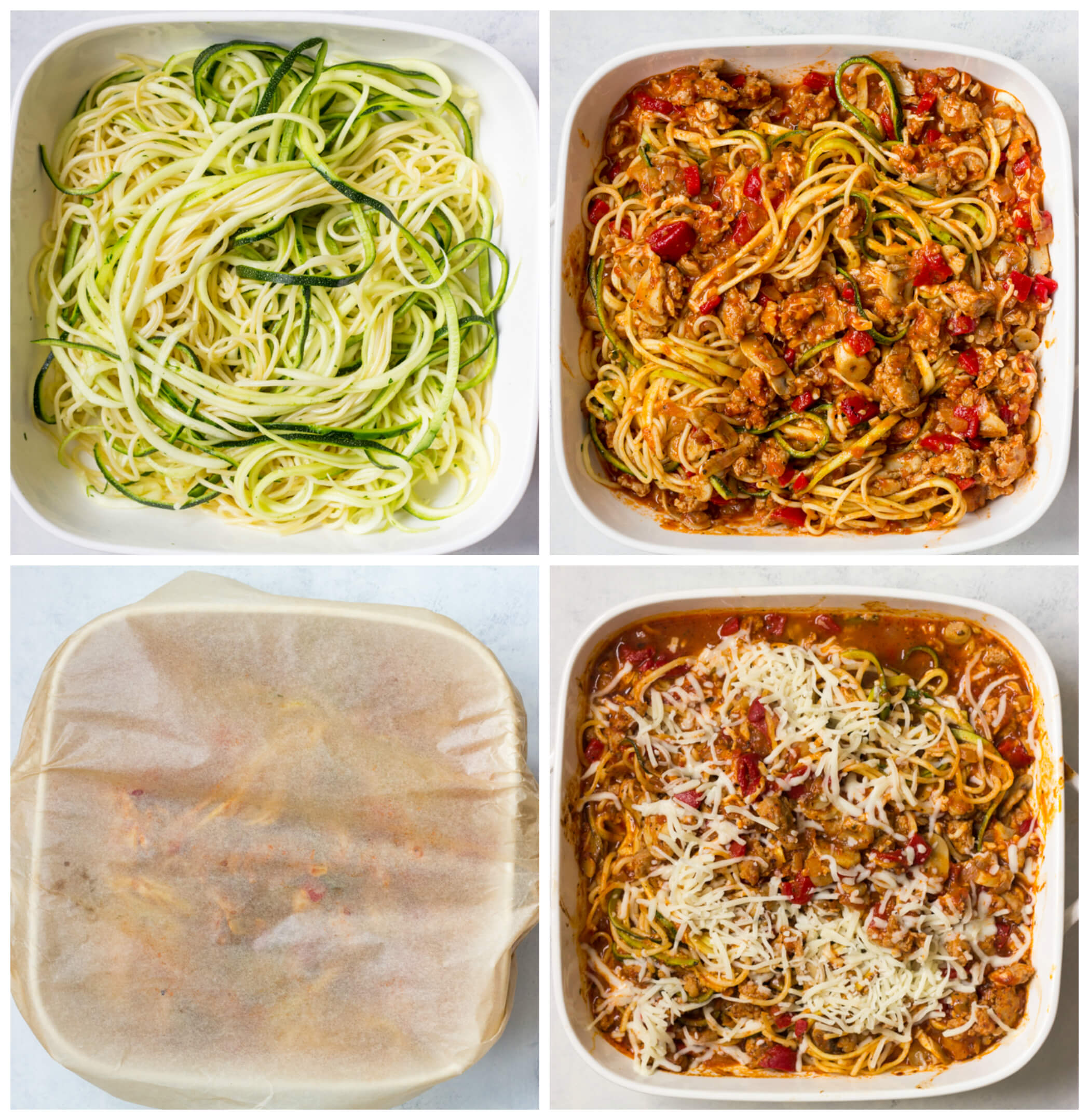 Overhead veiw of four images showing how to make a spaghetti bake 