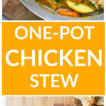 Two long vertical images of chicken stew, one in dutch oven and second in white bowl