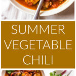 Two long images of vegetable chili one close up and second further out