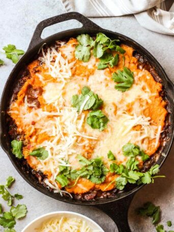 Overview sweet potato shepherd's pie in black cast iron skillet