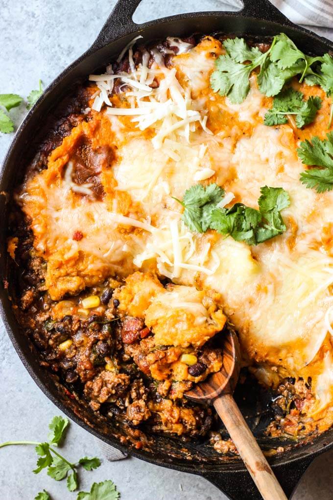 Close up of sweet potato shepherd's pie in cast iron