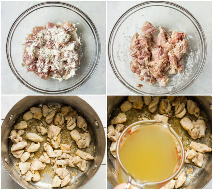 raw chicken pieces in a dutch oven.