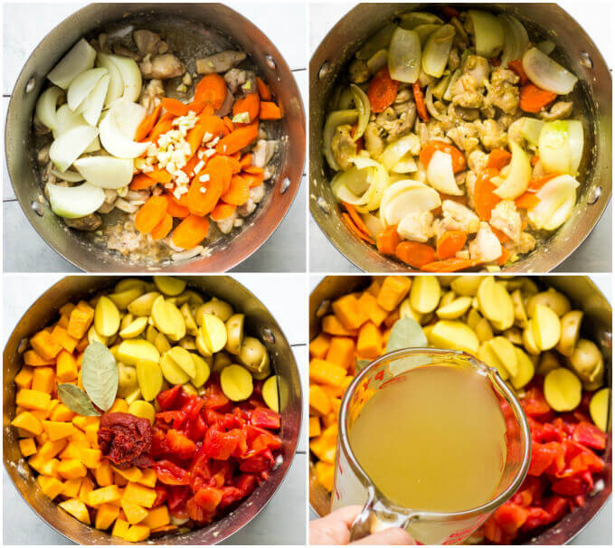 chicken pieces with vegetables in a dutch oven.