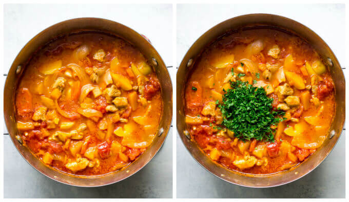 cooked chicken stew with fresh parsley in a dutch oven.