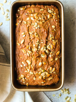 Close up of pumpkin bread in loaf pan.