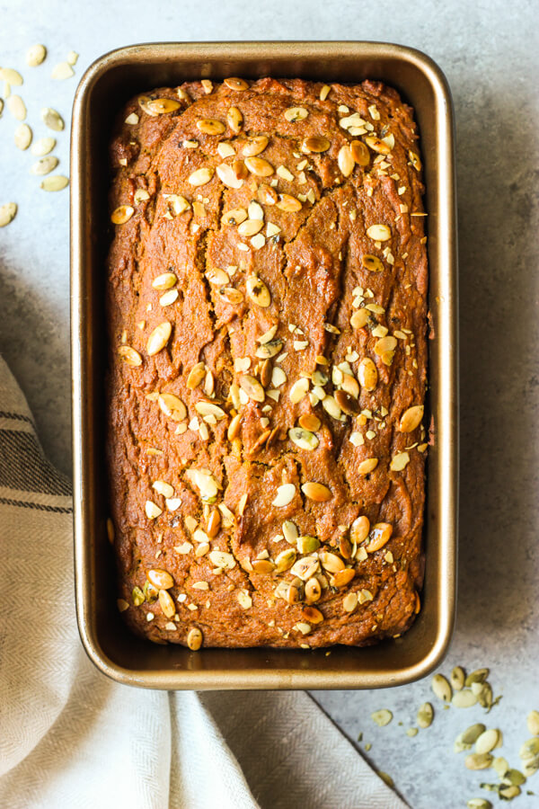 Close up of pumpkin bread in loaf pan.