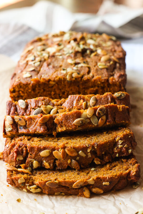 close up sliced pumpkin bread.