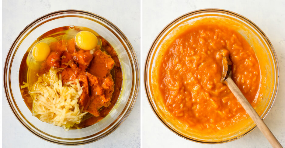 wet ingredients in a glass bowl.