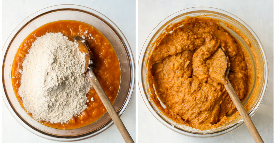 batter for pumpkin bread in a glass bowl.