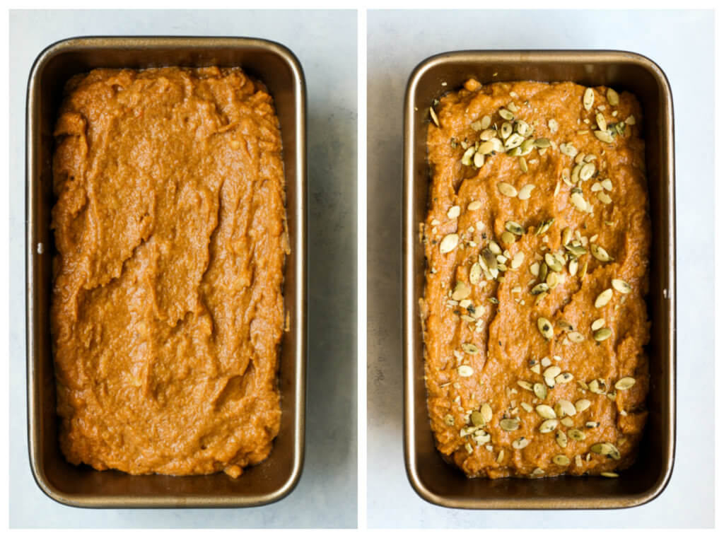 pumpkin batter in a loaf pan.
