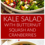 Long image of a kale salad in white bowl