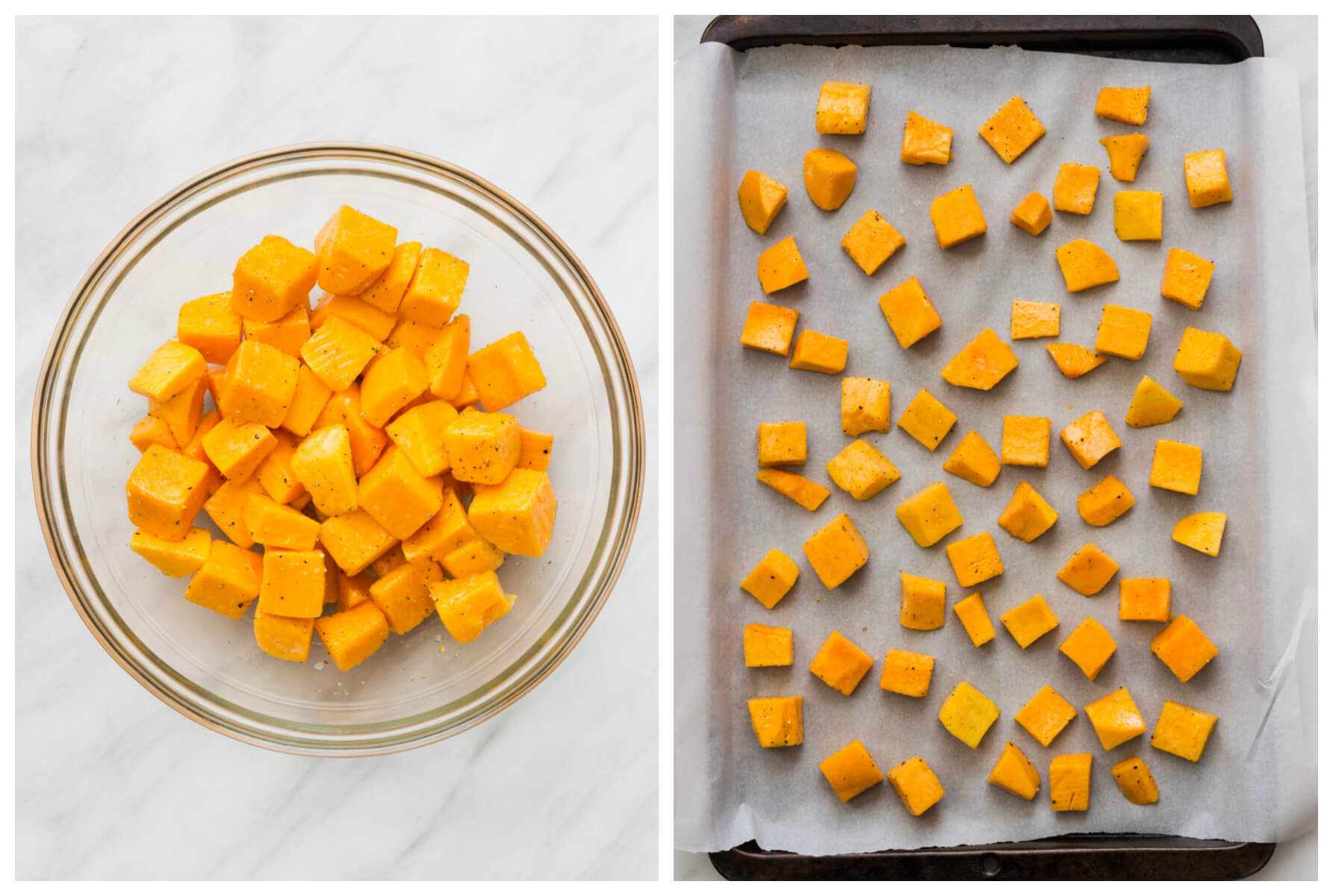 Chopped butternut squash in a bowl and a tray