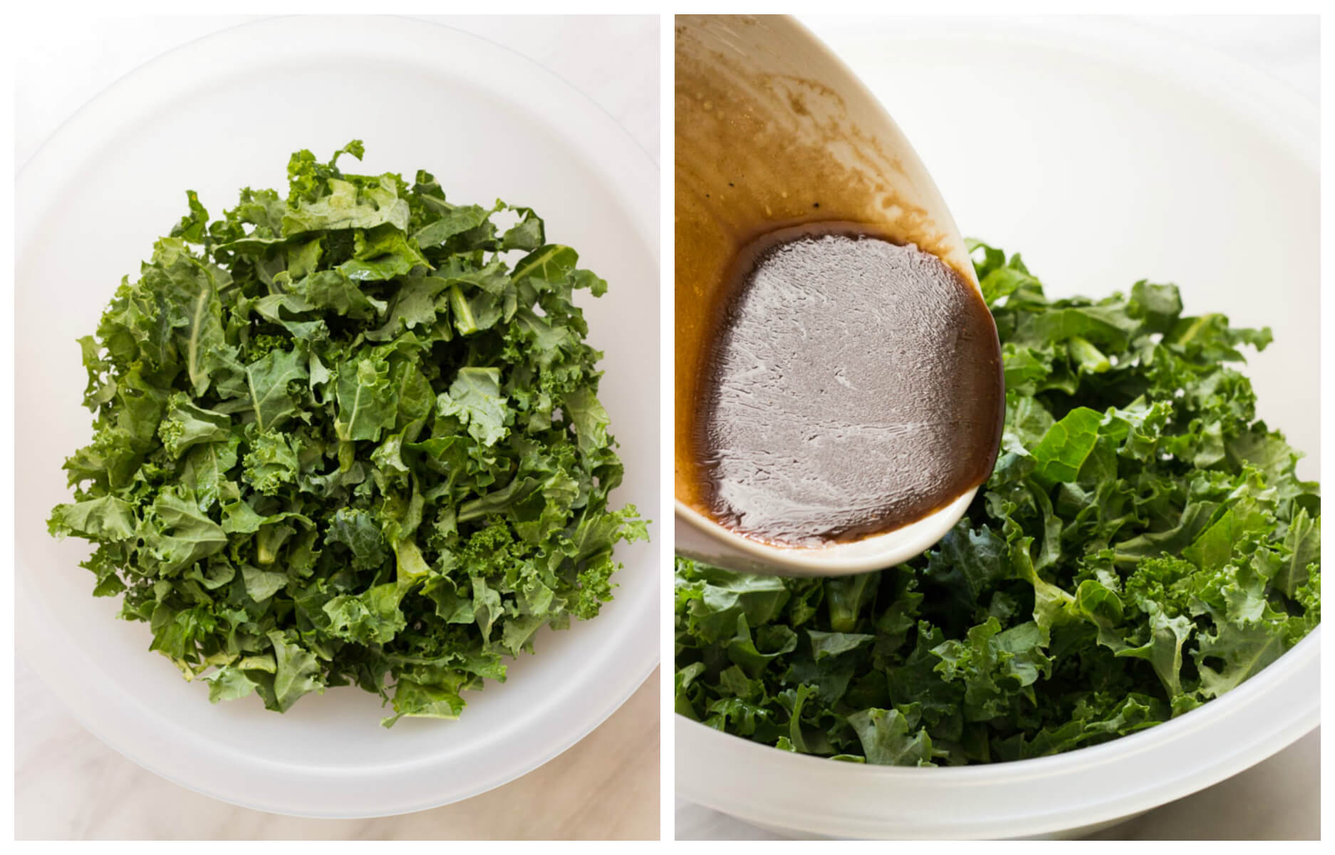 Chopped kale in a large bowl with dressing