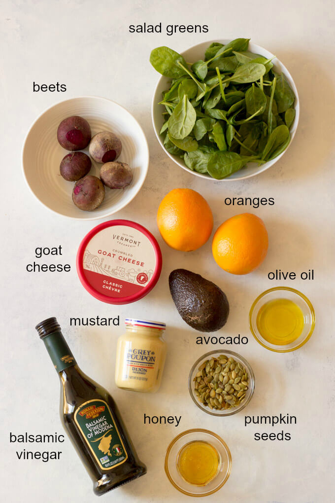 Ingredients for roasted beet salad with avocado
