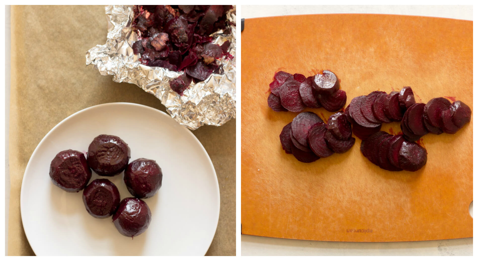 Close up of sliced roasted beets