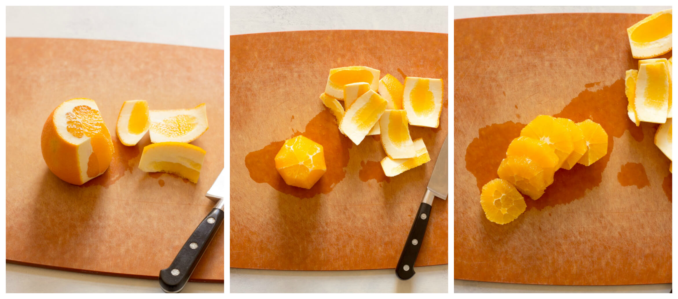 Sliced oranges on cutting board for roasted beet salad with avocado