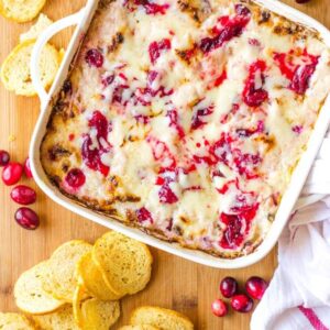 Cranberry dip in white baking dish