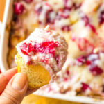 Close up of cranberry dip on a toasted crostini