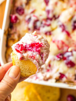 Close up of cranberry dip on a toasted crostini