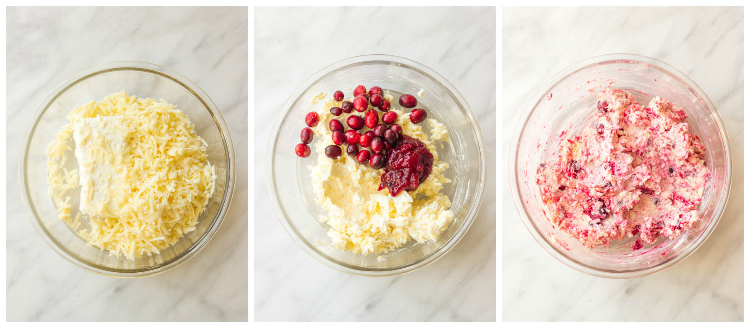 cream cheese, cheddar cheese, and cranberries in a glass bowl.