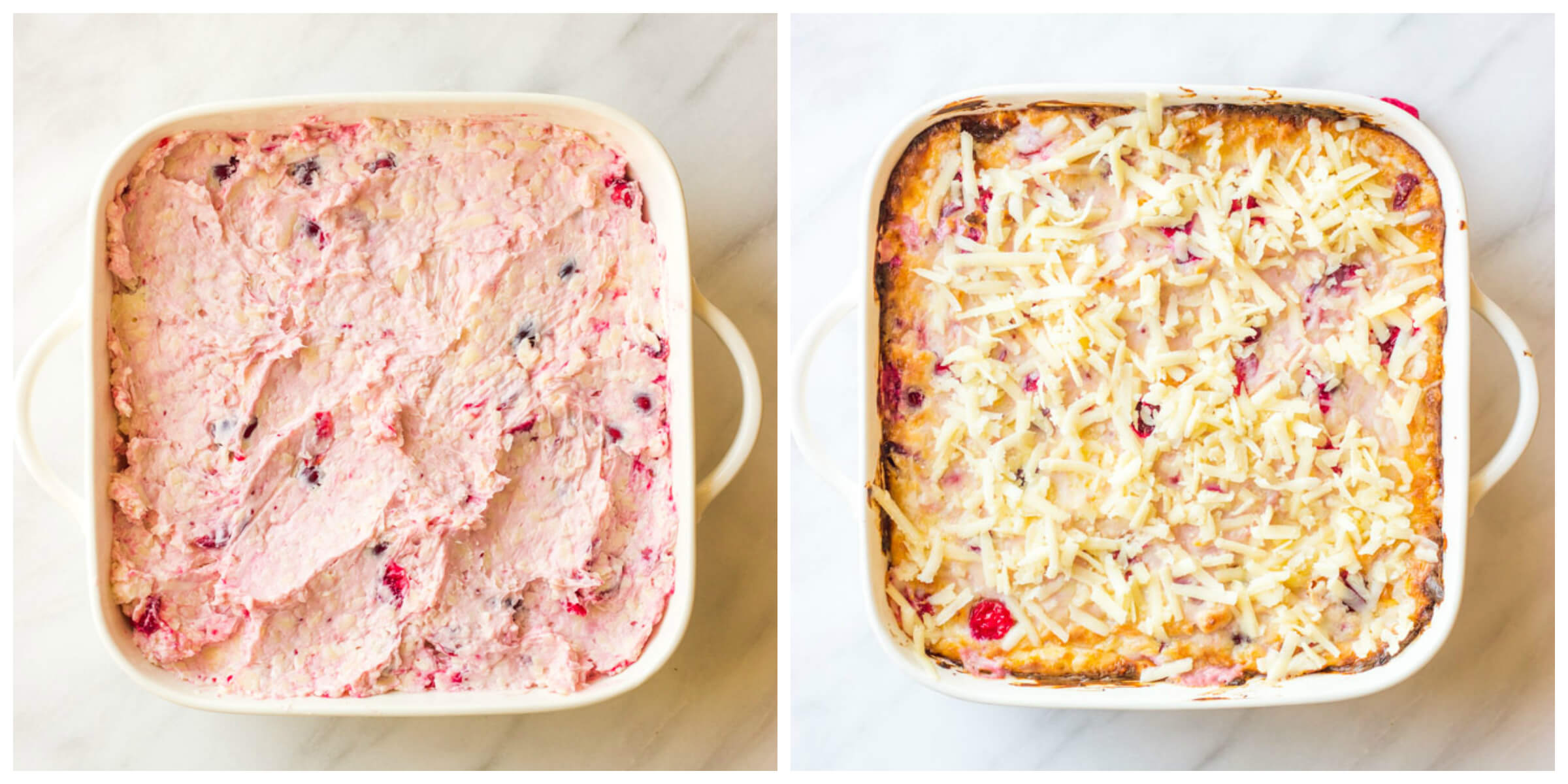 cranberry cheddar dip in a casserole dish topped with cheese.