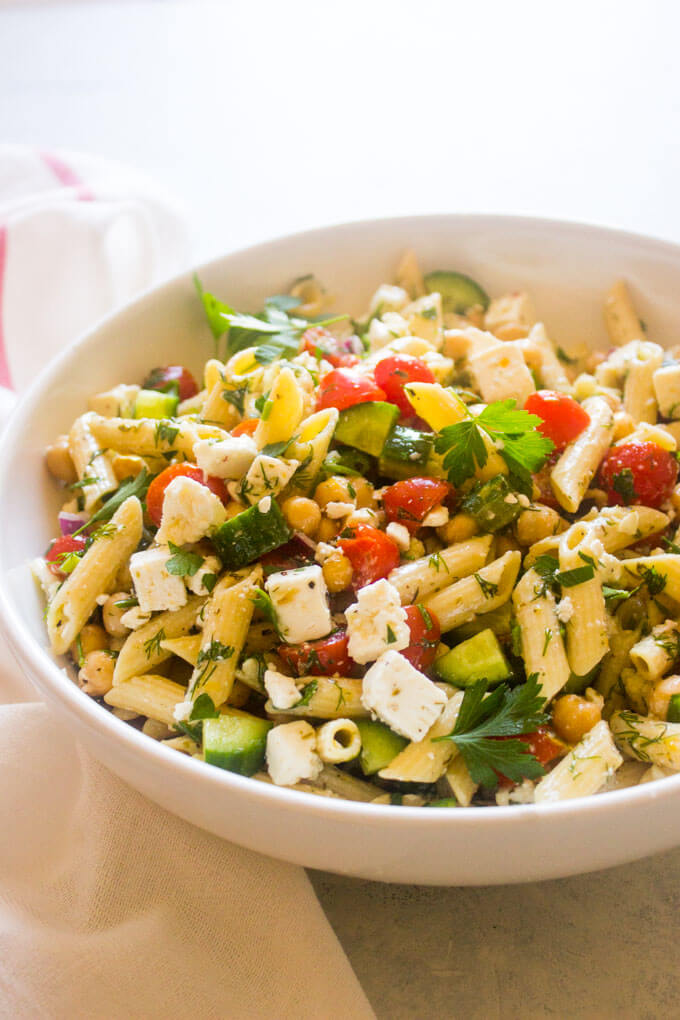 Close up side view of Italian pasta salad recipe