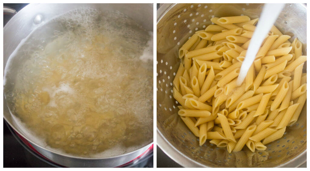 cooked penne in a colander