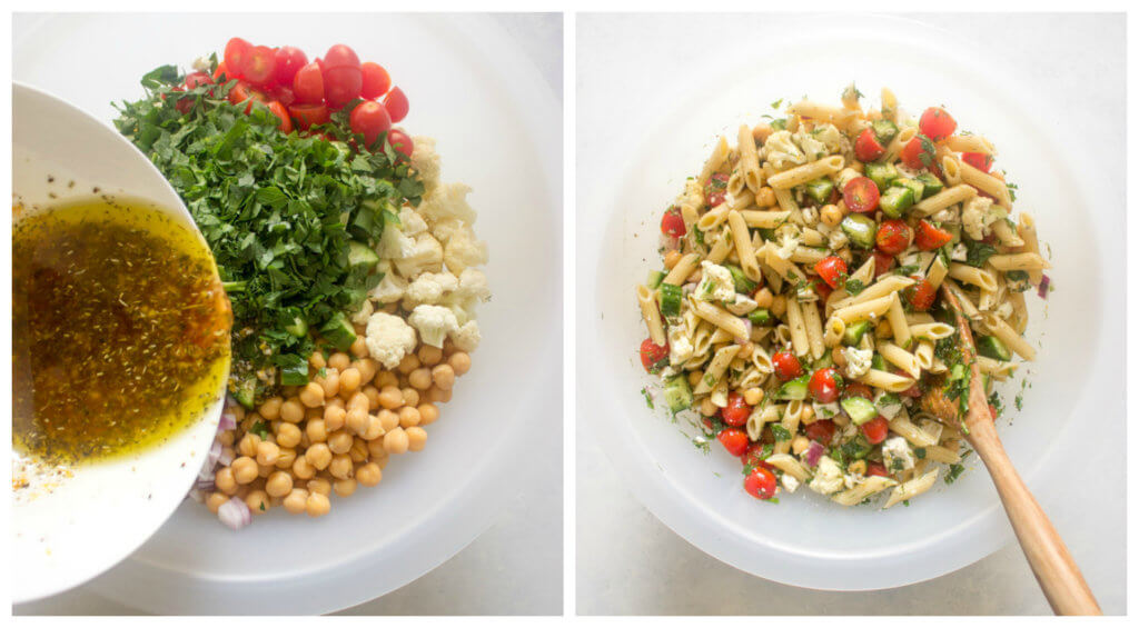 Close up of ingredients for veggie pasta salad 