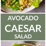 Long image of avocado caesar salad of a close up salad