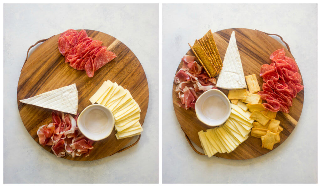 Meat cheese on wooden board