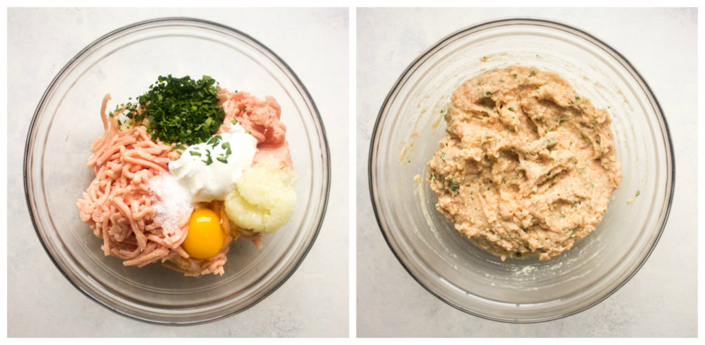 Ingredients in glass bowl for easy chicken meatballs