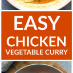 Vertical image of chicken vegetable curry in white saute pan